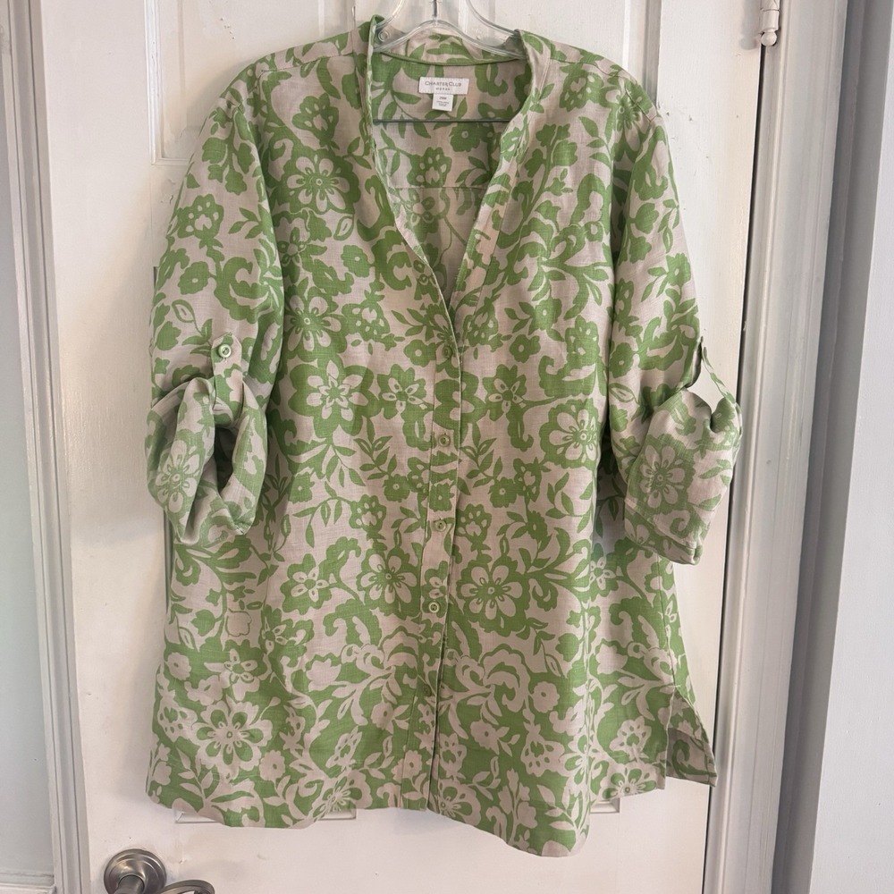 Charter Club Luxury Linen Button Up Roll Tab Tropical Floral Top Sz 20W Beach